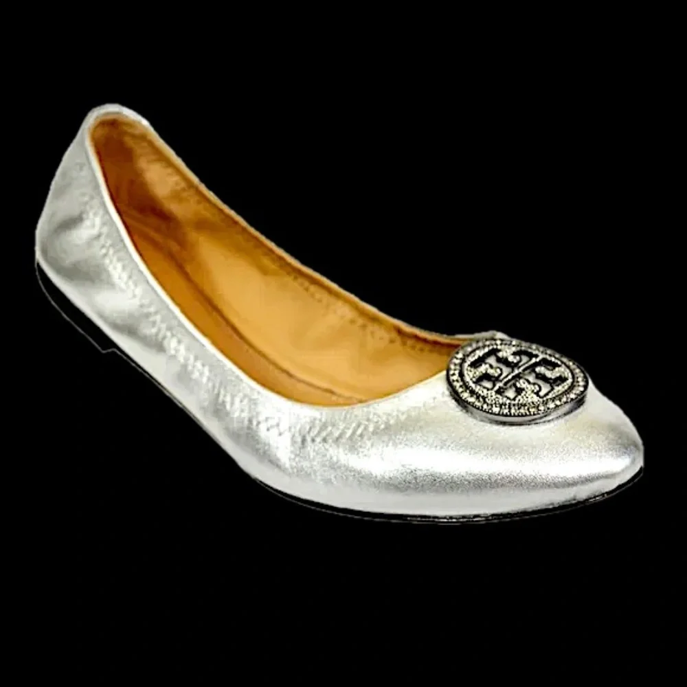 Tory Burch Women's Liana Round Toe Rhinestone Logo Metallic Leather Ball…